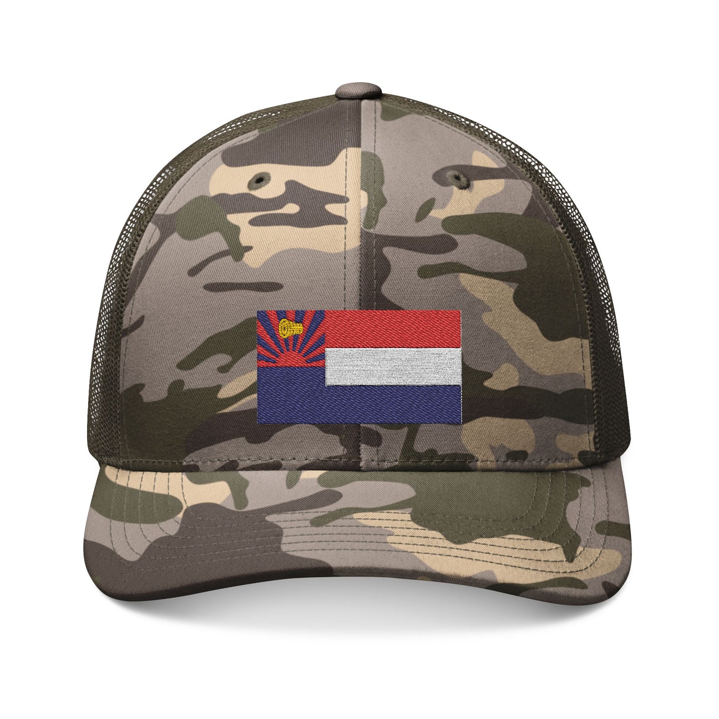 Camouflage Trucker Hat — Embroidered Arizona Flag Patch